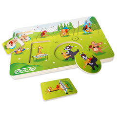 FROM ONE wooden puzzle farm animals—promotes hands-on learning through animal sounds.