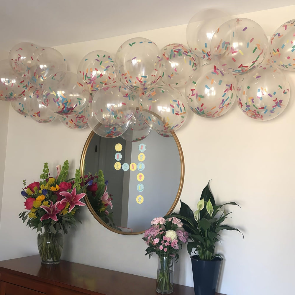 Froova baby shower confetti balloons bring airy, joyful feel to the event.