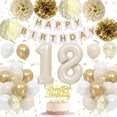 Froova beige-gold-white 18th balloon kit display creates a chic milestone backdrop.