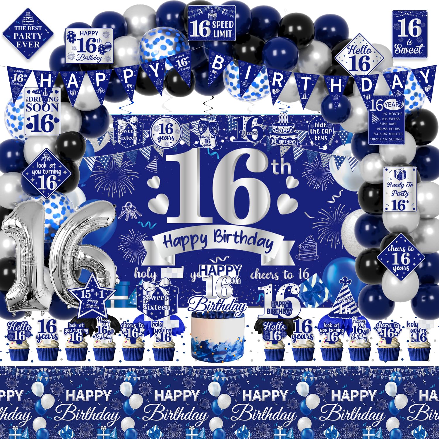 FrozzlyFun 16th birthday backdrop creates a photo-ready blue-silver stage.