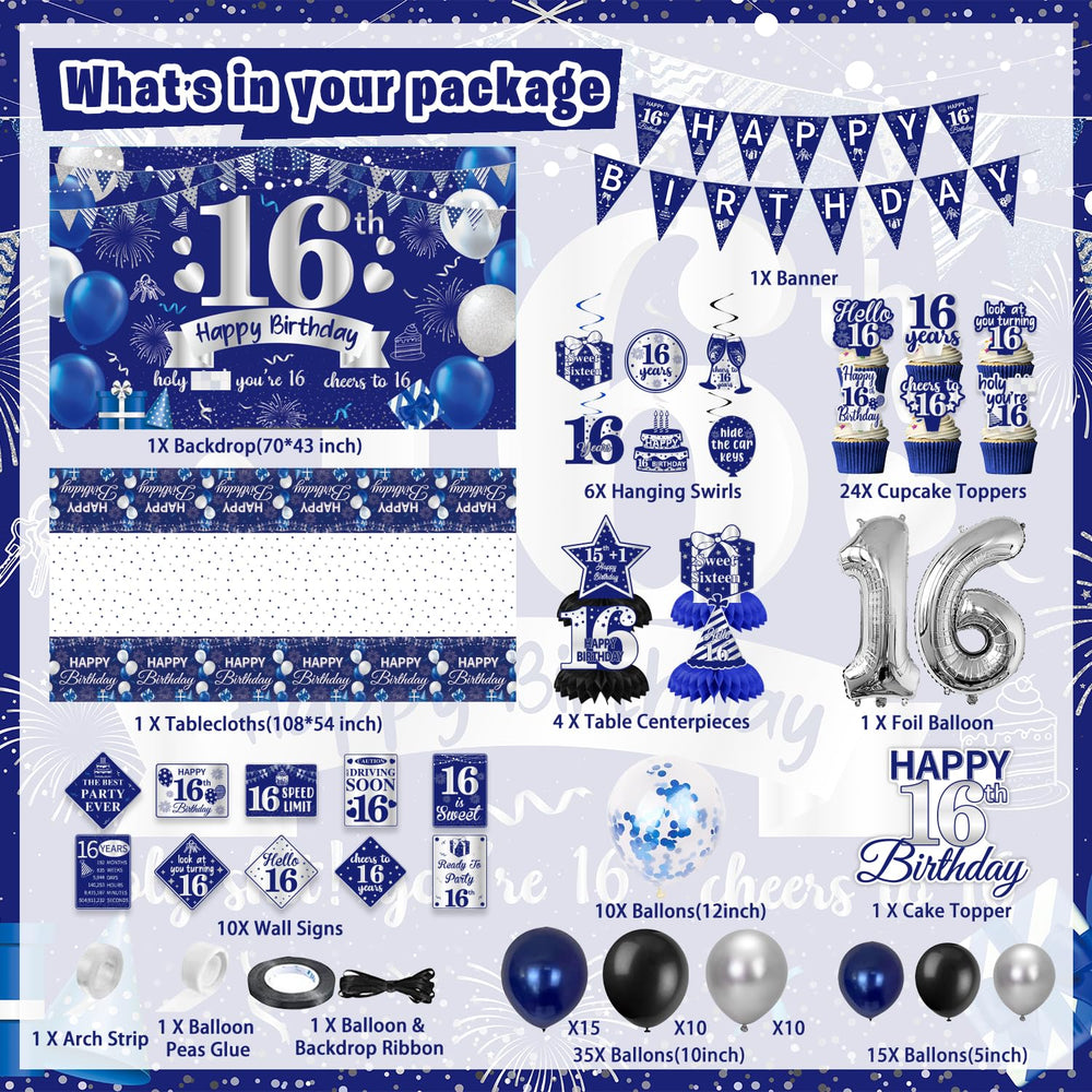 FrozzlyFun 16th birthday banner adds a crisp blue-silver focal point.