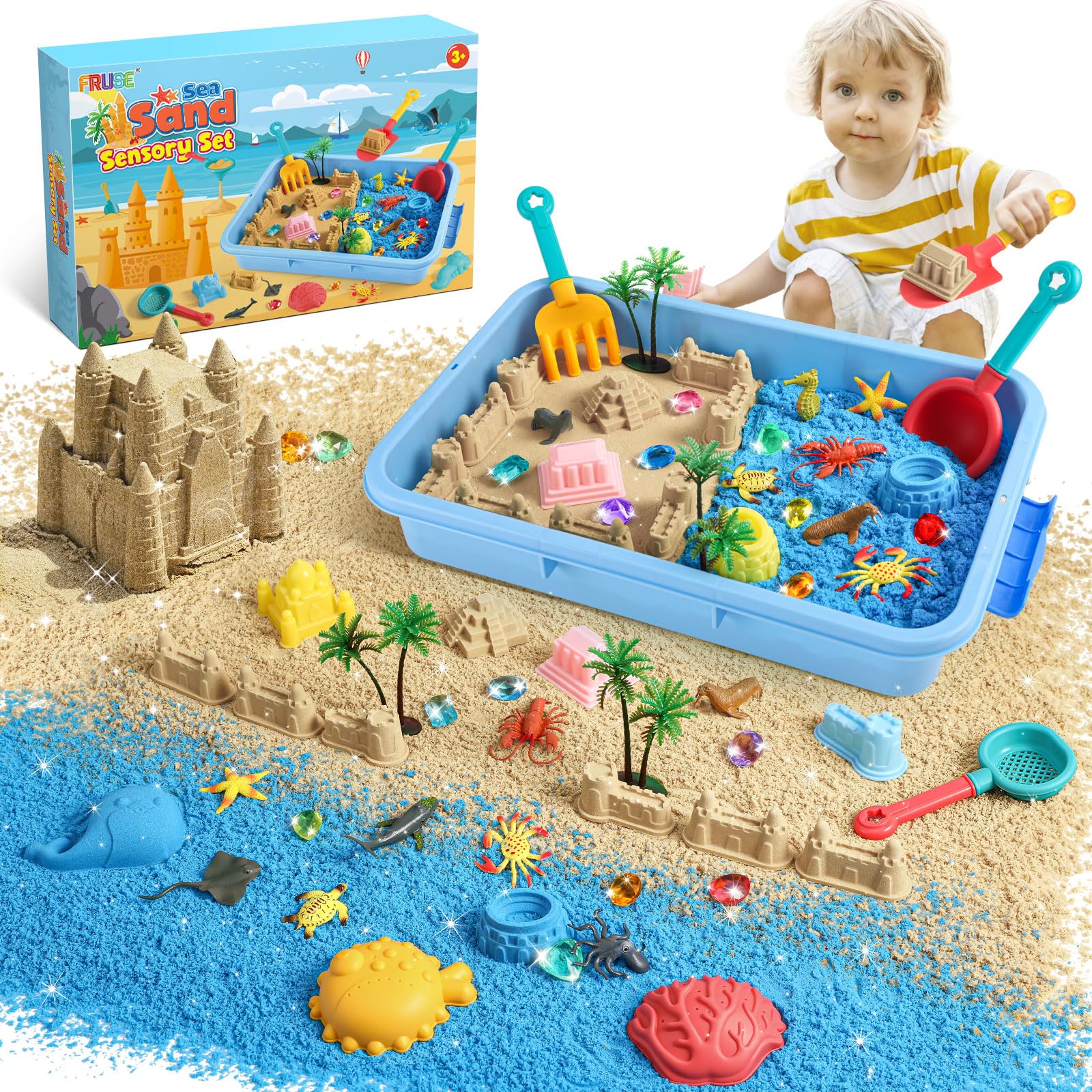 FRUSE Ocean Sensory Bin invites imaginative ocean play with colorful sand and characters.