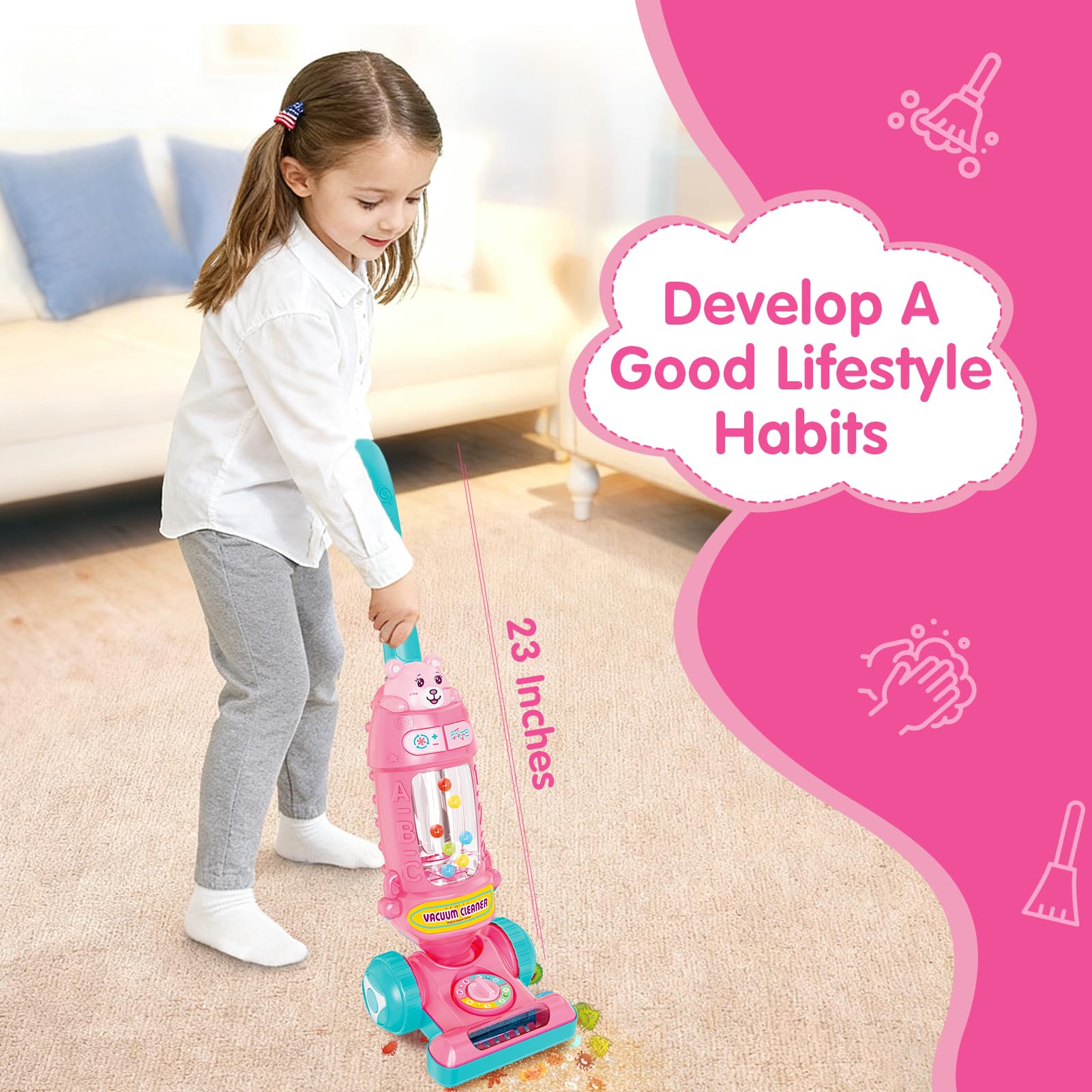 FS Kids Vacuum Toy ball-popping feature adds interactive fun during cleanup pretend play
