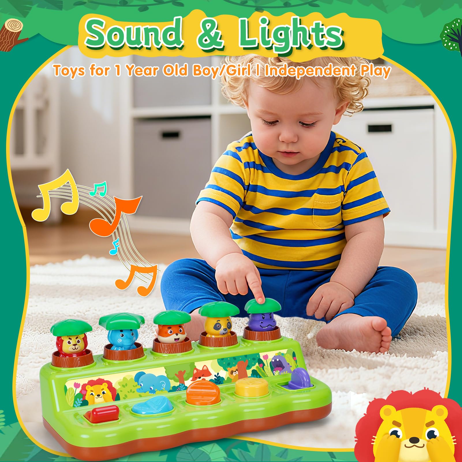 FS Pop Up Toy lion button promoting fine motor skills during play