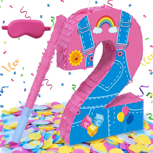 Fsnjcz pink number 2 pinata with stick for party fun.