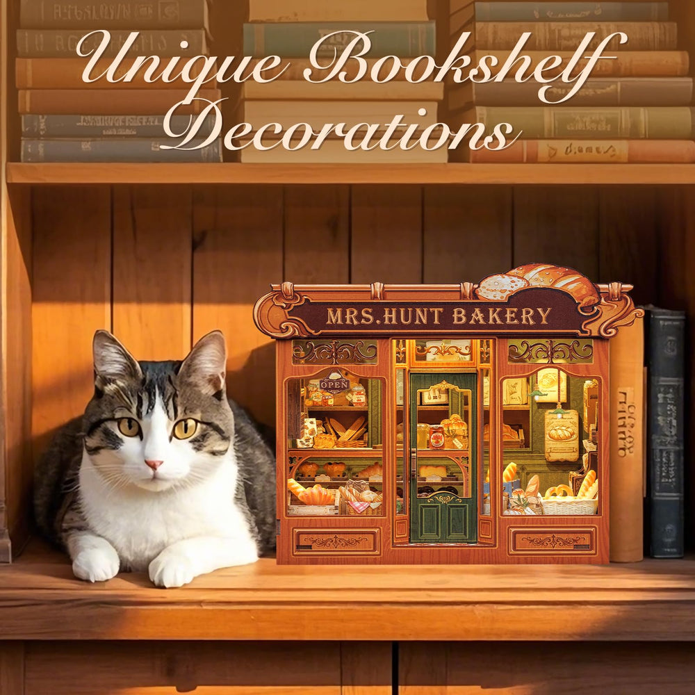 Fsolis Book Nook Kit bakery shelf details with warm LED glow