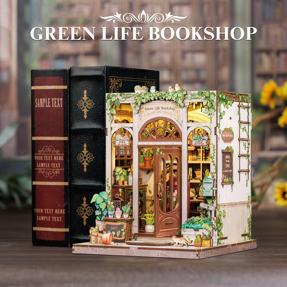 Fsolis Book Nook Kit decorates a bookshelf with a charming miniature scene.