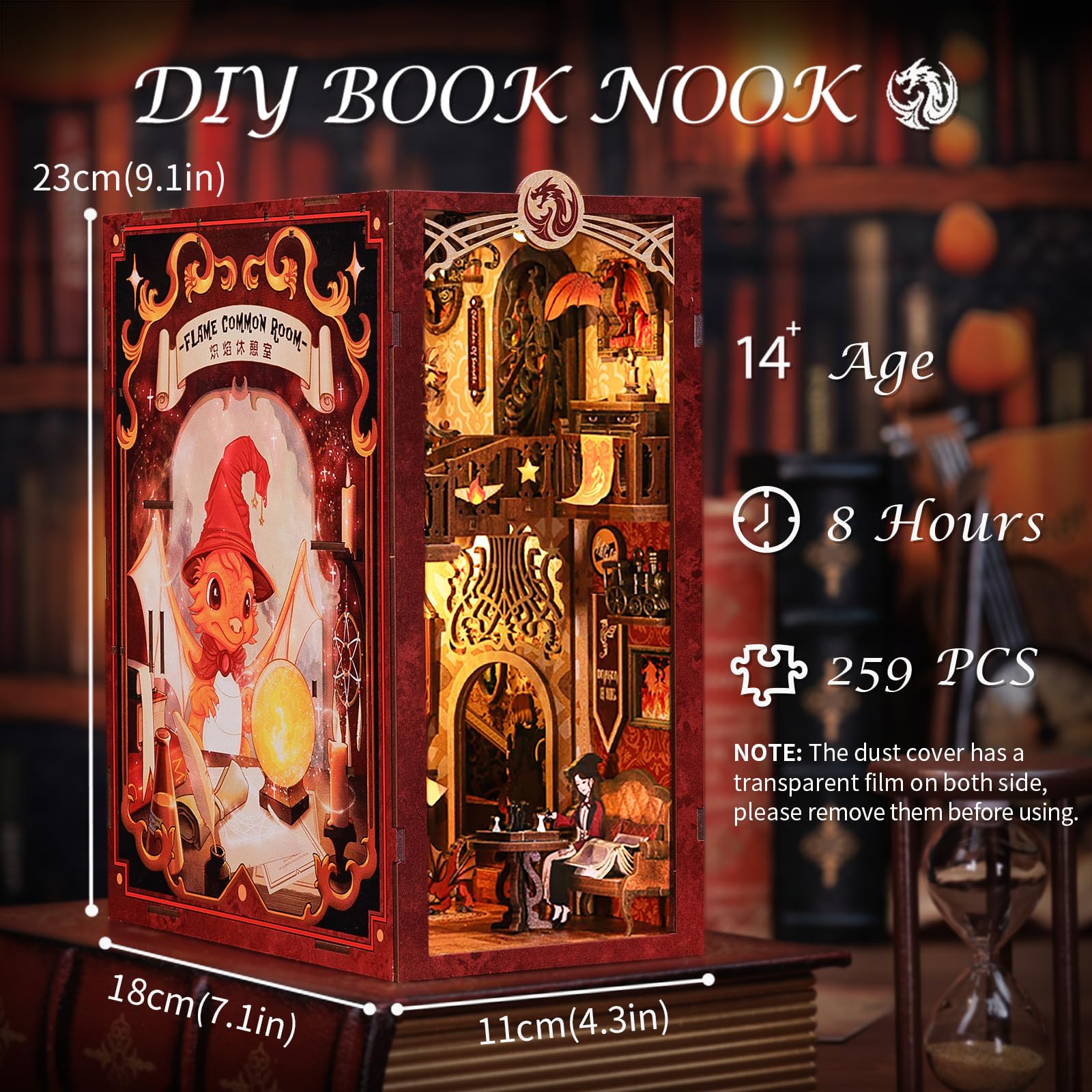 Fsolis Book Nook Kit dust cover protecting the finished scene