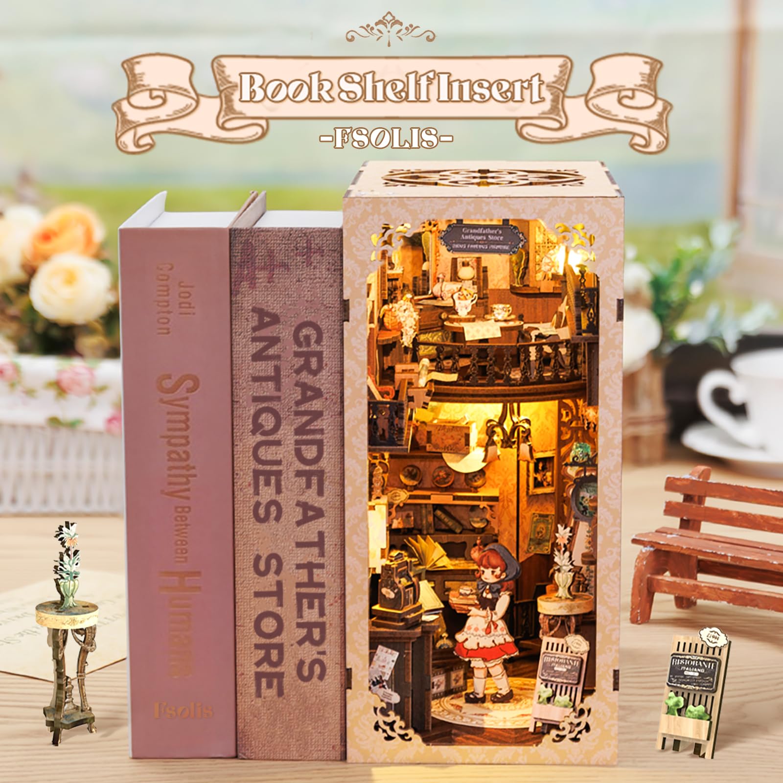 Fsolis Book Nook Kit featuring LED light and dust cover for ambiance