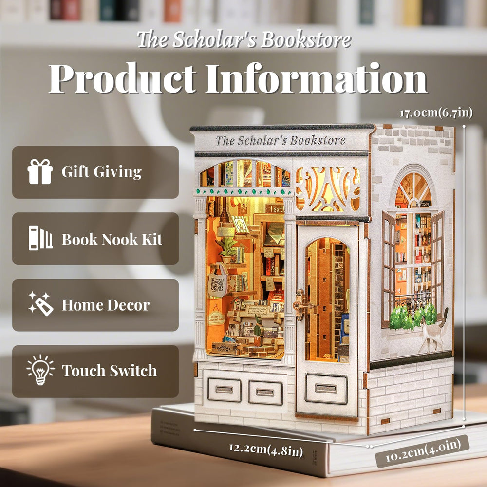 Fsolis Book Nook Kit LED lights illuminate tiny bookstore scene.
