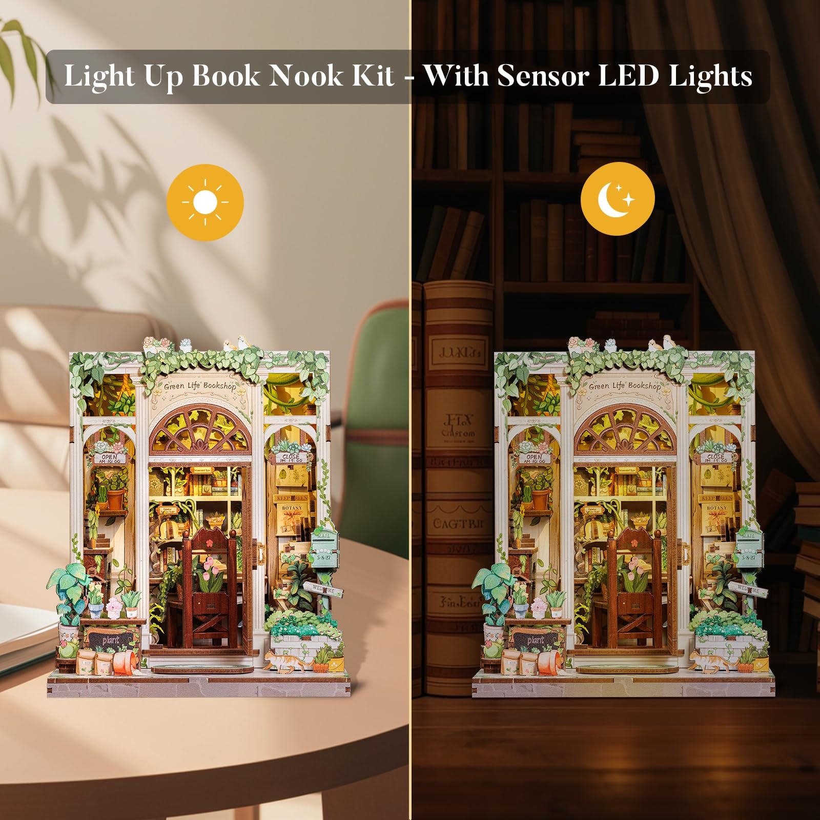 Fsolis Book Nook Kit with LED lights adds warm ambiance to shelves.