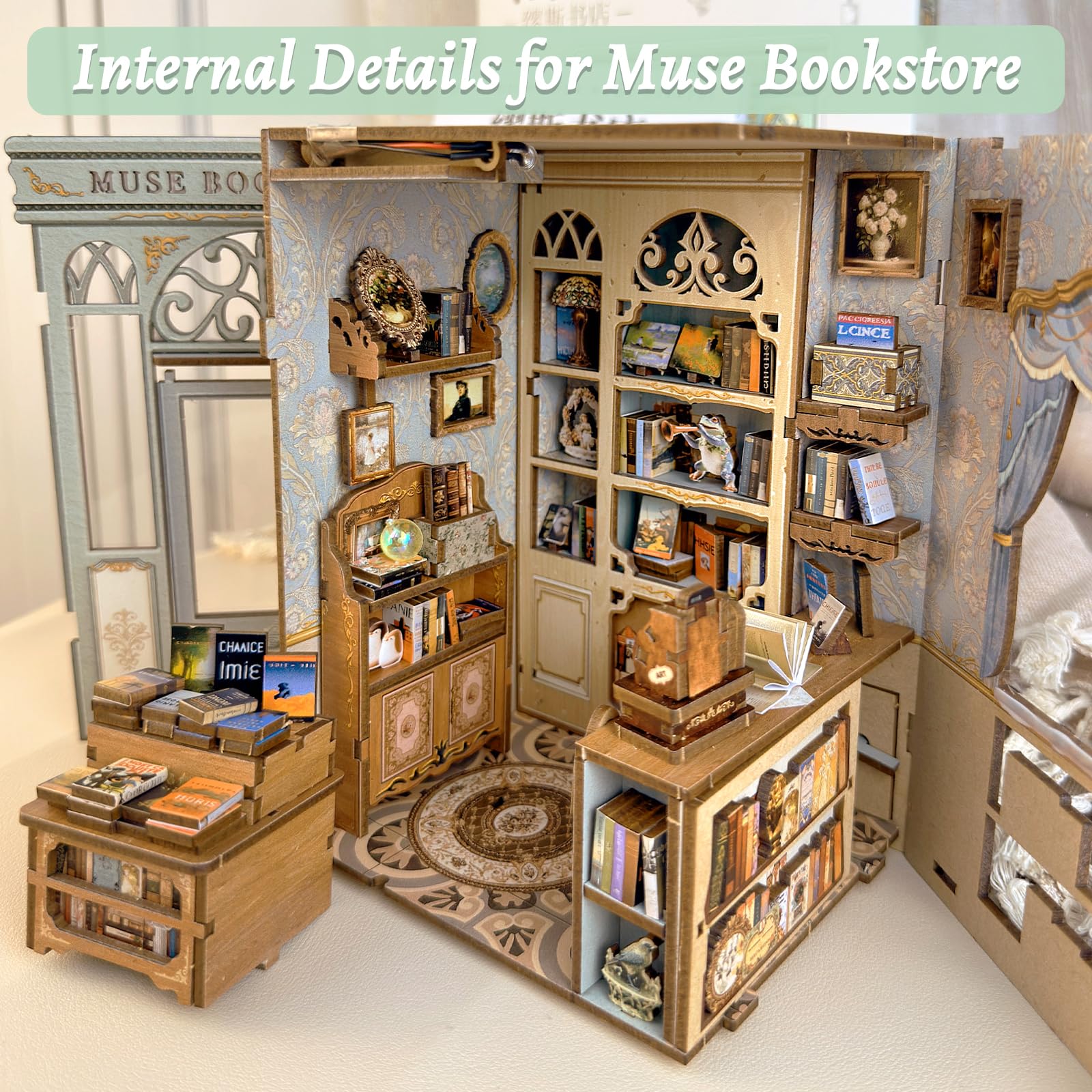 Fsolis Book Nook Kit LED lights illuminating the miniature bookstore interior