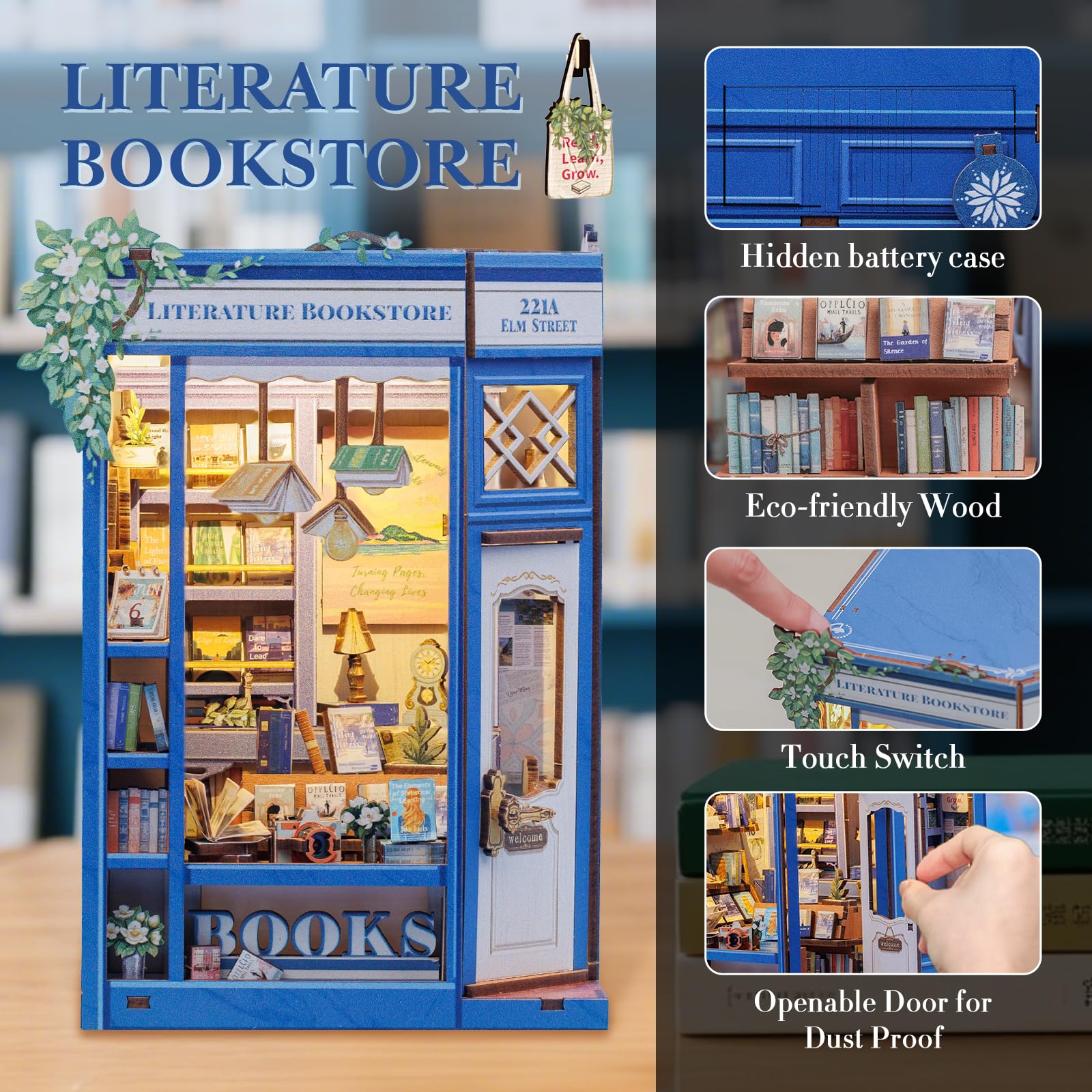 Fsolis Book Nook Kit LED-lit diorama highlighting a warm bookstore ambiance