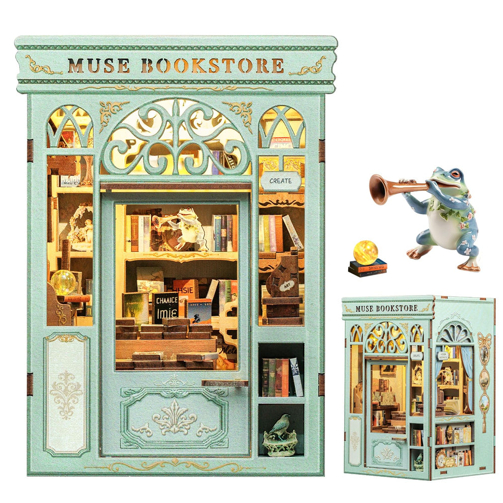 Fsolis Book Nook Kit Muse Bookstore scene with tiny lights for cozy shelf decor