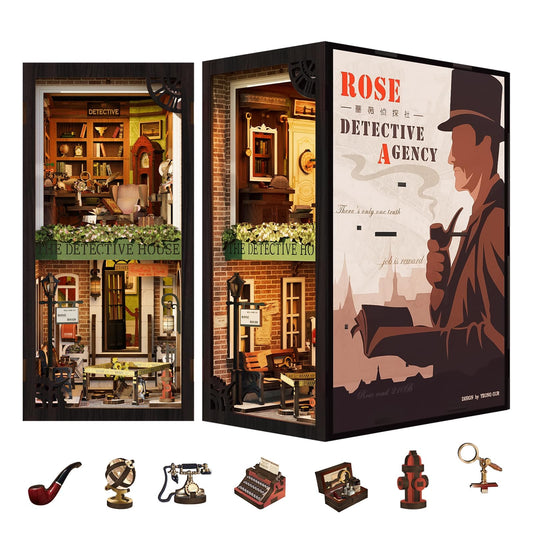 Fsolis Book Nook Kit Rose Detective Agency front view, decorative mini scene for shelves