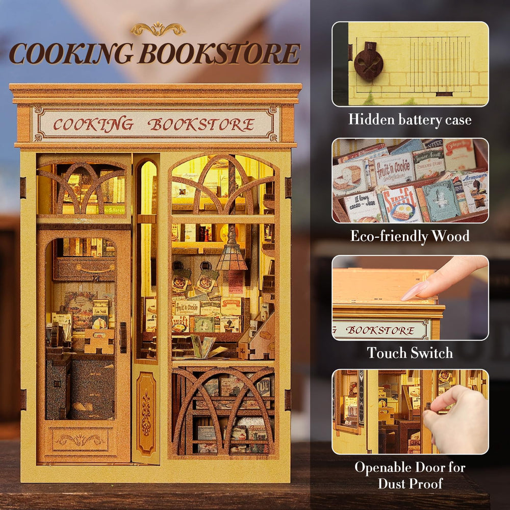 Fsolis Book Nook Kit on a shelf showing a warm kitchen diorama