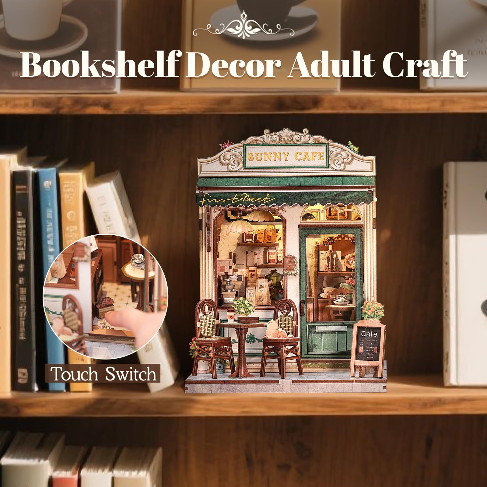 Fsolis Book Nook Kit Sunny Cafe puzzle pieces spread for mindful crafting