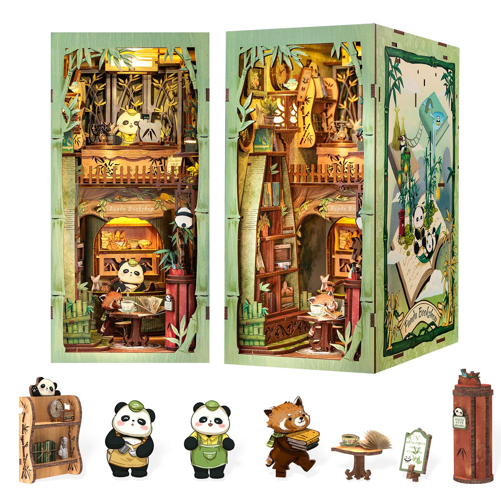 Fsolis Book Nook Panda Bookshop kit enhances bookshelf decor