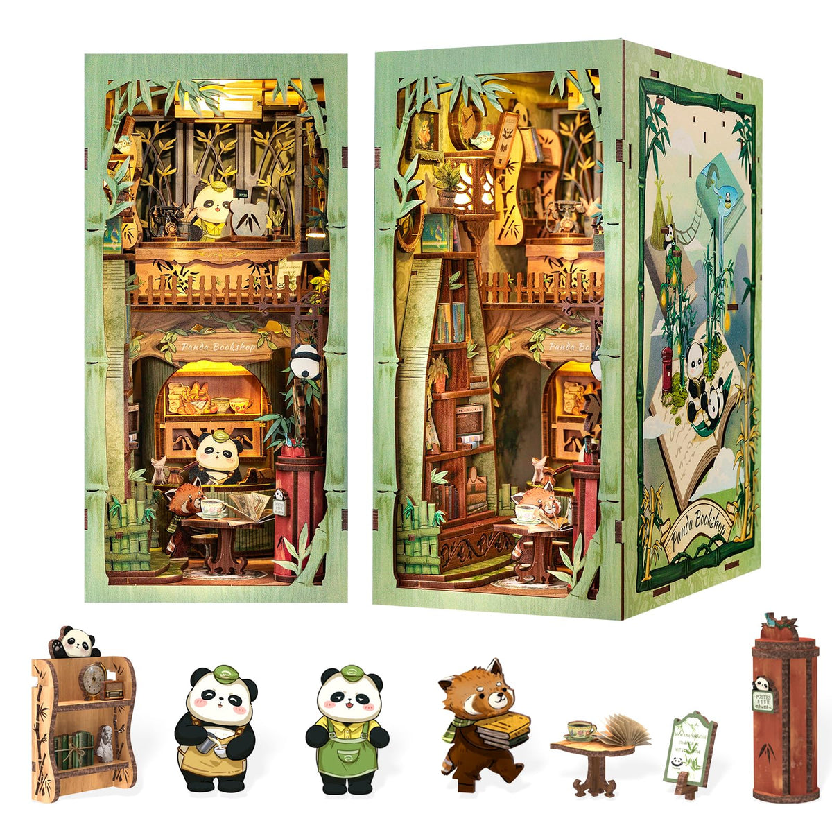 Fsolis Book Nook Panda Bookshop kit enhances bookshelf decor