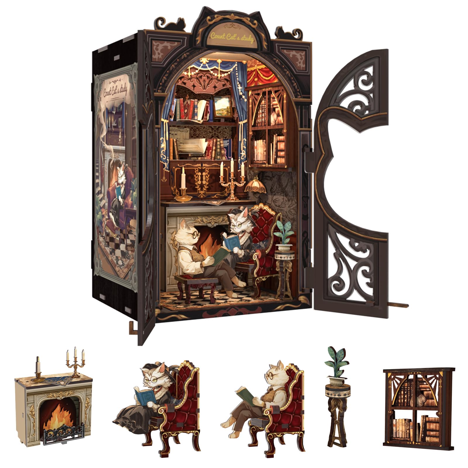 Fsolis Count Cat's Study book nook kit with laser-cut wood pieces for display.