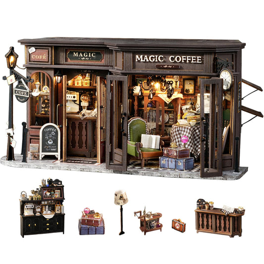 Fsolis Magic Coffee dollhouse kit assembly scene for mindful relaxation and focus