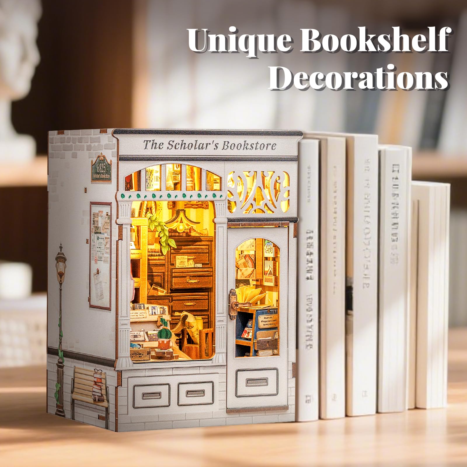 Fsolis miniature books and cat detail enhance whimsical diorama.