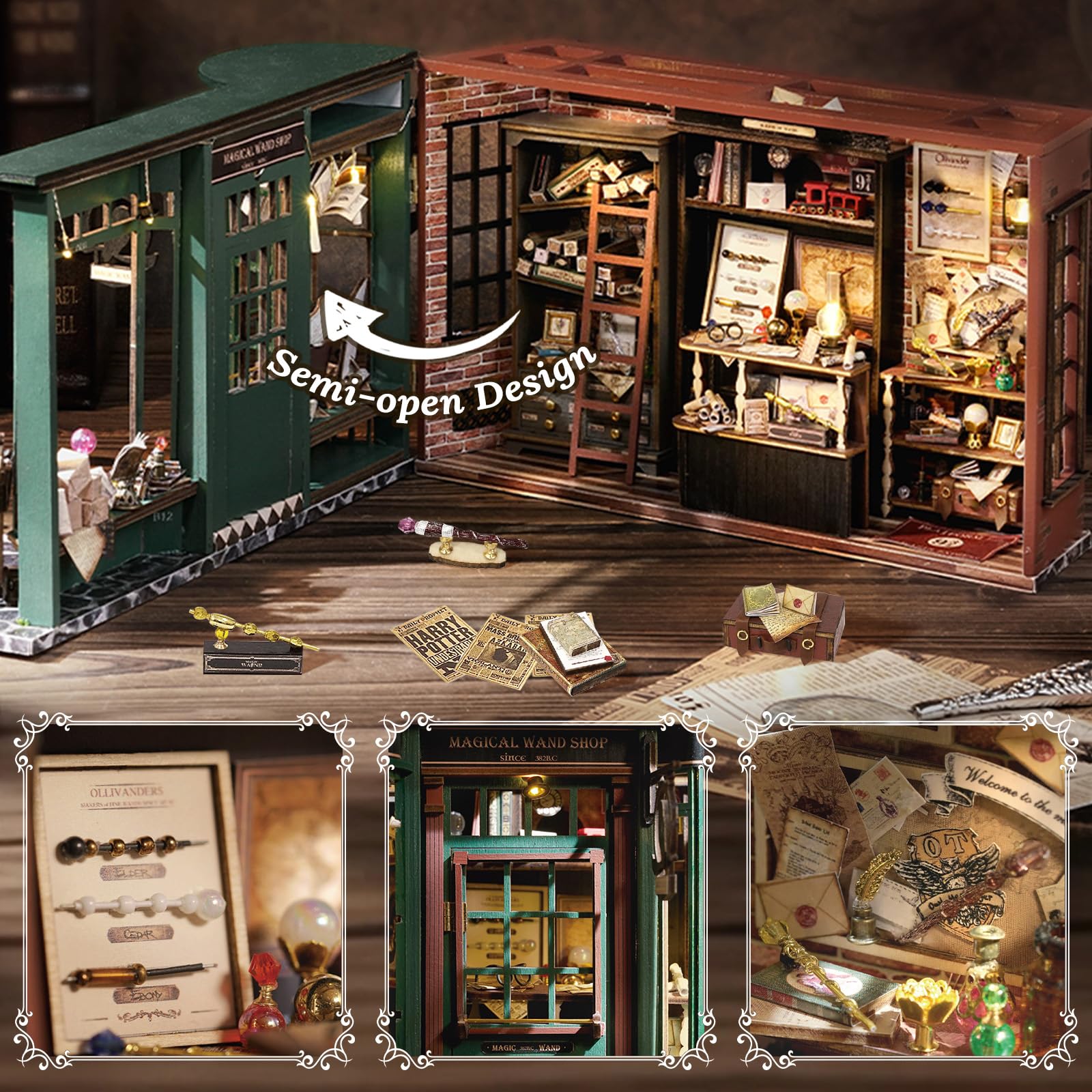 Fsolis wooden shelves and magic hats create a lifelike dollhouse display.