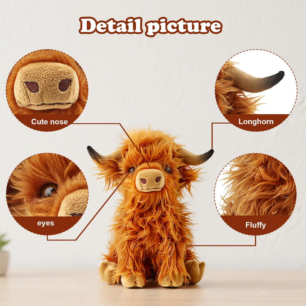 FSUGT Highland Cow plush toy on shelf, durable decor for nursery