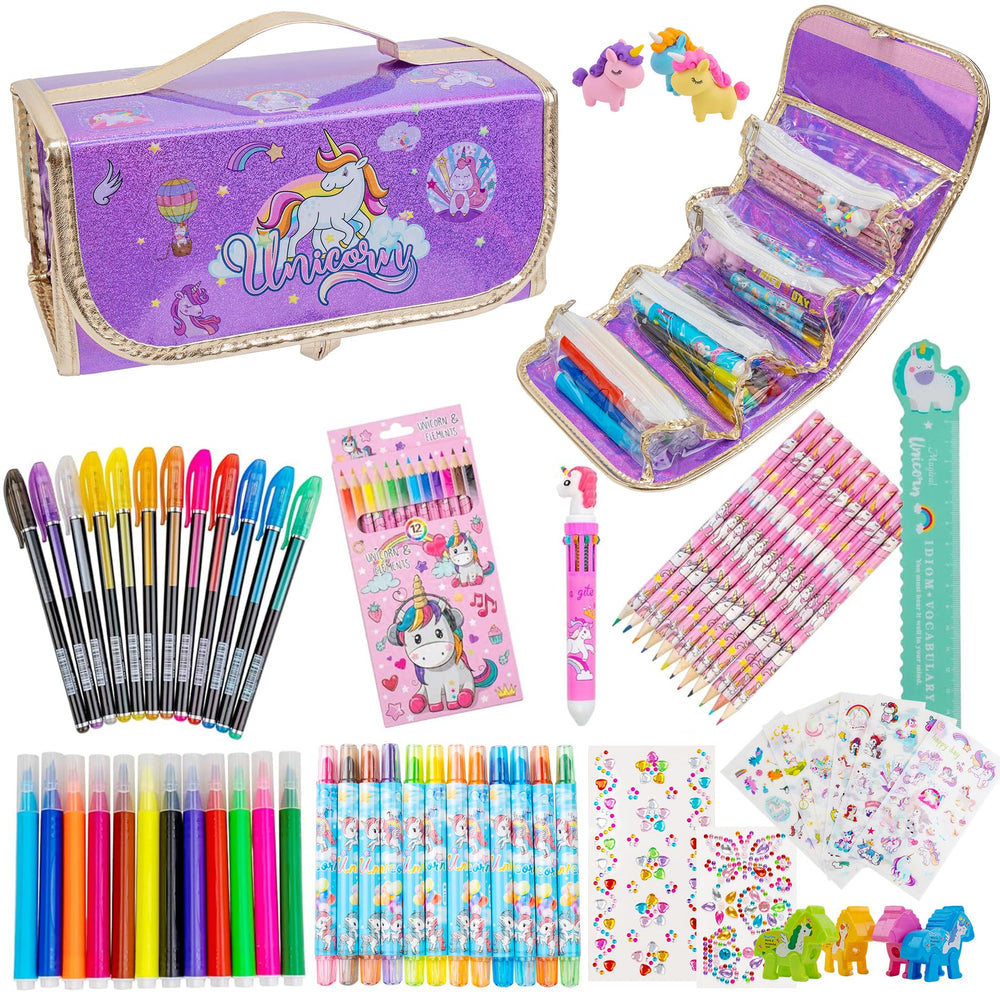 FTBox fruit-scented markers set with purple unicorn pencil case for creative learning