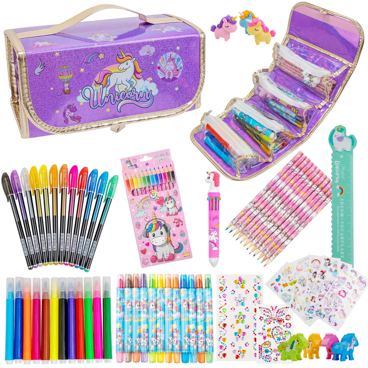 FTBox fruit-scented markers set with purple unicorn pencil case for creative learning