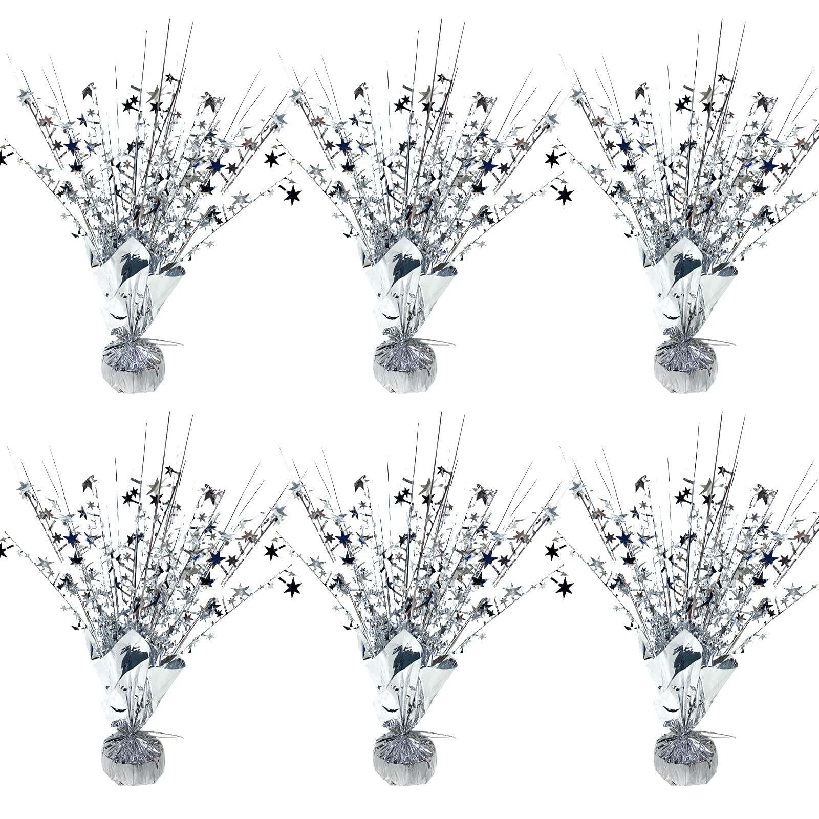 FUBININA star centerpieces silver 6-pack add festive shimmer to any table at birthdays and holidays.