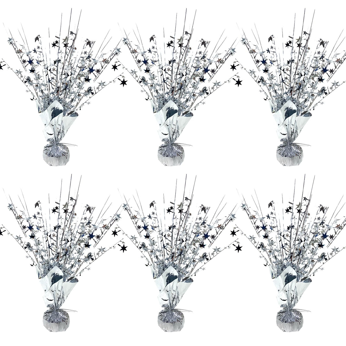 FUBININA star centerpieces silver 6-pack add festive shimmer to any table at birthdays and holidays.
