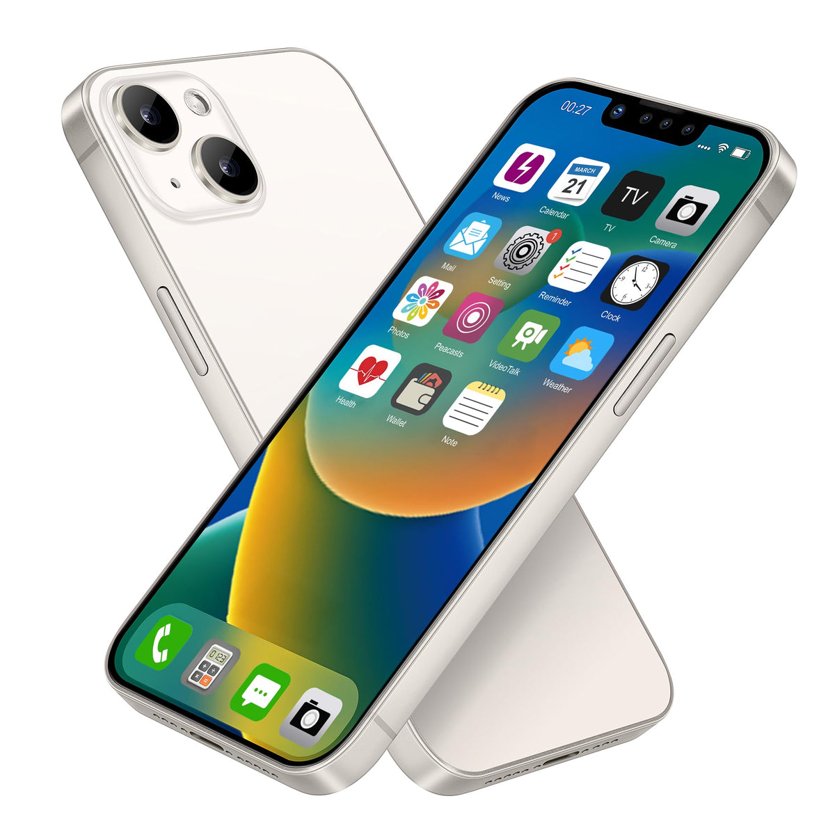 FufoneUS dummy fake phone, white rainbow-front, ideal for store displays and kids pretend play.