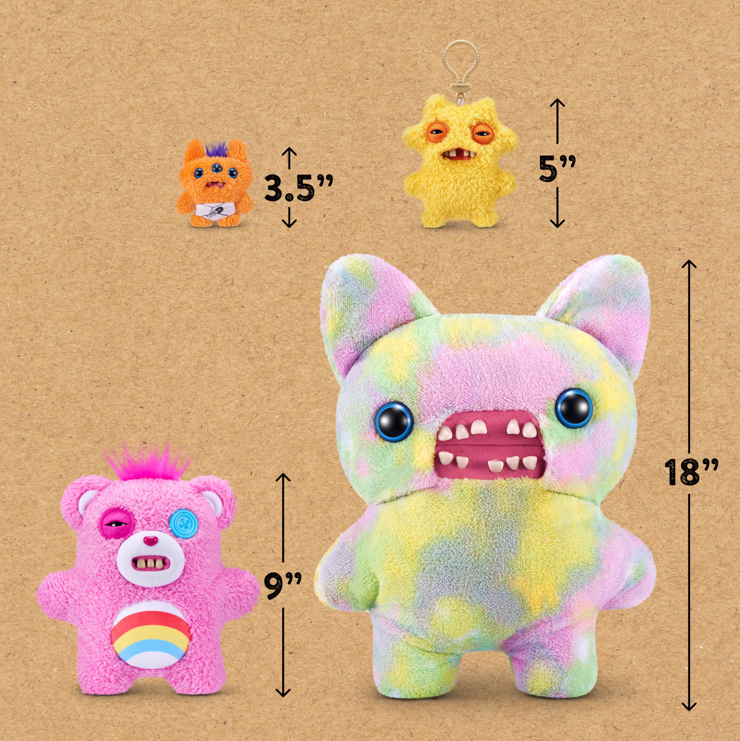 Fuggler Care Bears 9-inch plush with collab backdrop, ideal for display.