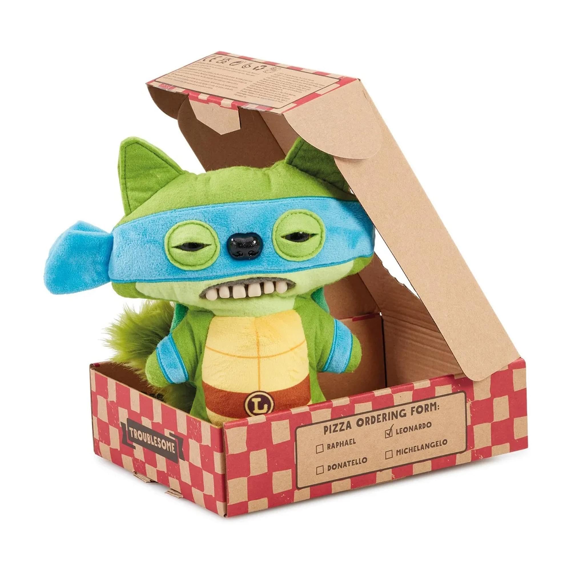 Fuggler Leonardo plush front view, soft fabric with attitude.