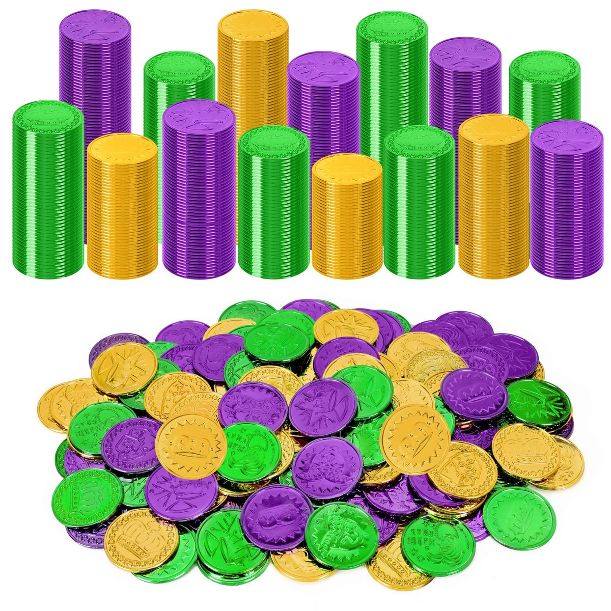 FULLIVE Mardi Gras coins in purple, gold and green for festive decor and party favors