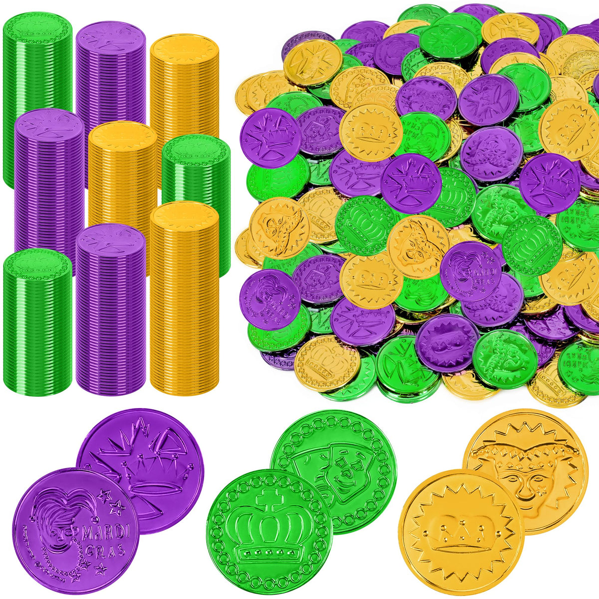 FULLIVE Mardi Gras coins in a 120-piece multi-color set for festive parade decor.