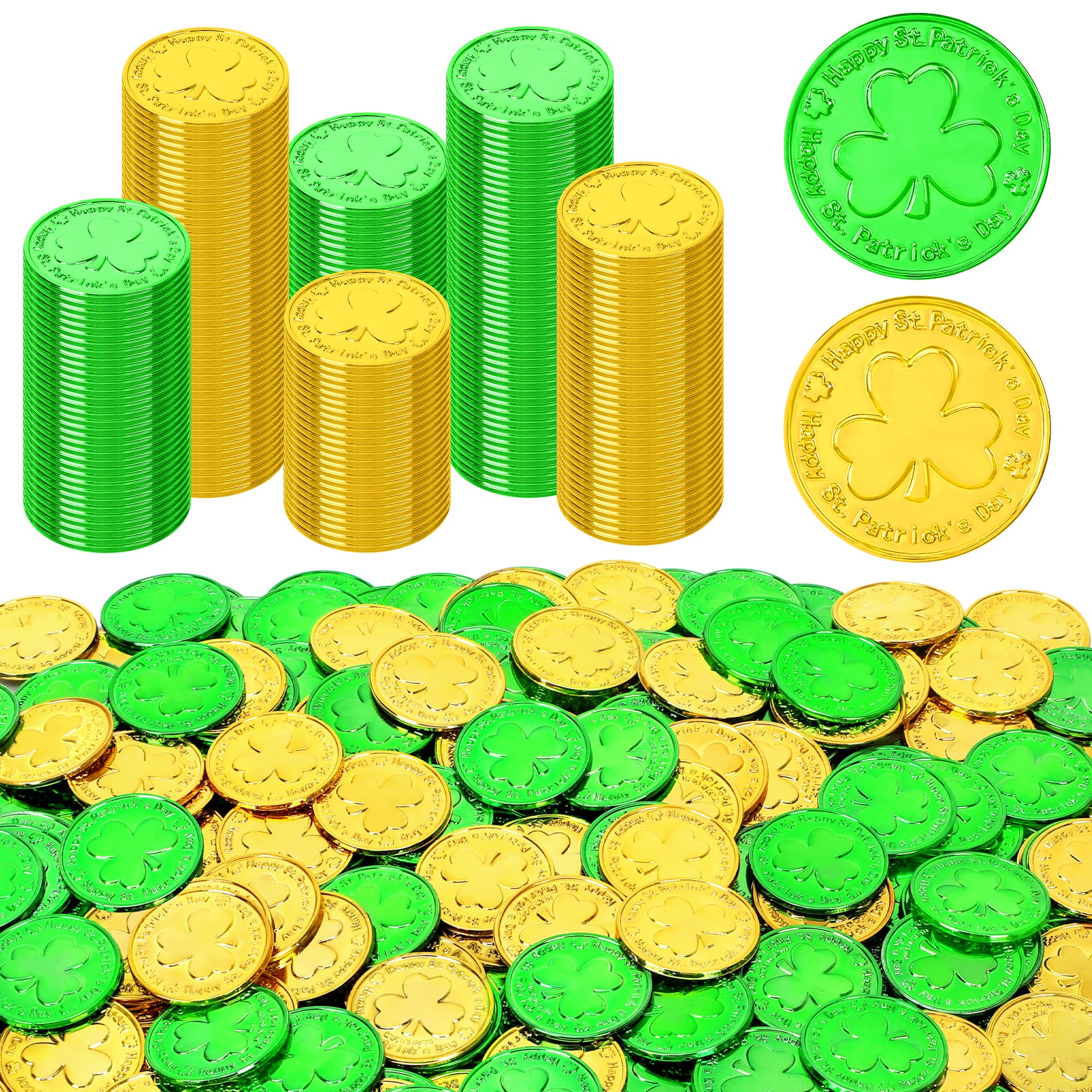 Fullive St Patrick's Day coins closeup showing gold and green shimmer for festive decor