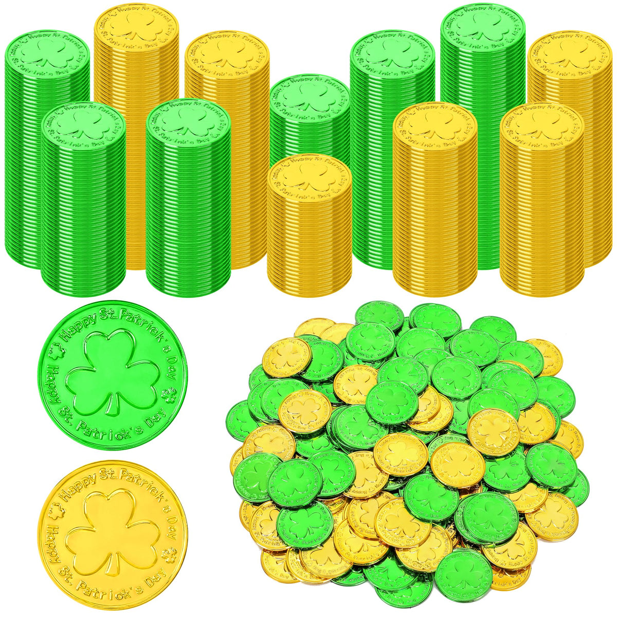 FULLIVE St Patrick's Day coins in gold and green for table decor, lightweight and colorful.