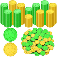 FULLIVE St Patrick's Day coins in gold and green for table decor, lightweight and colorful.