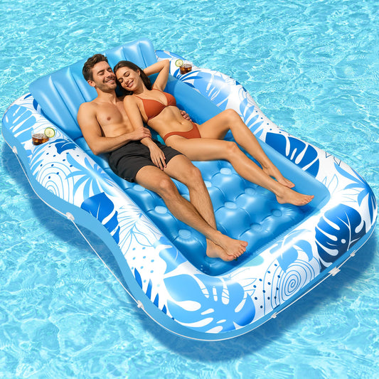 Fullive tanning pool lounger overview highlights a spacious two-person design for poolside relaxation.