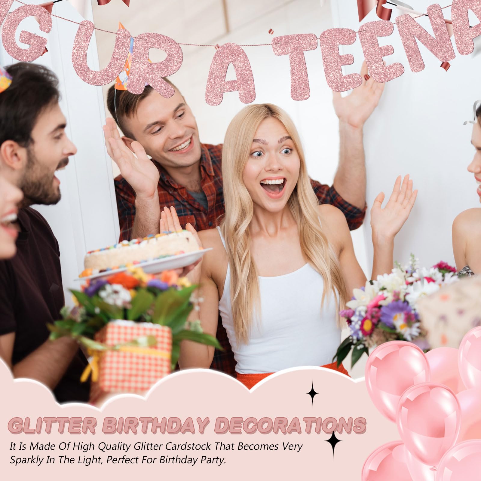 Fulmoon glitter-letter banner on durable paper adds a classy party vibe.