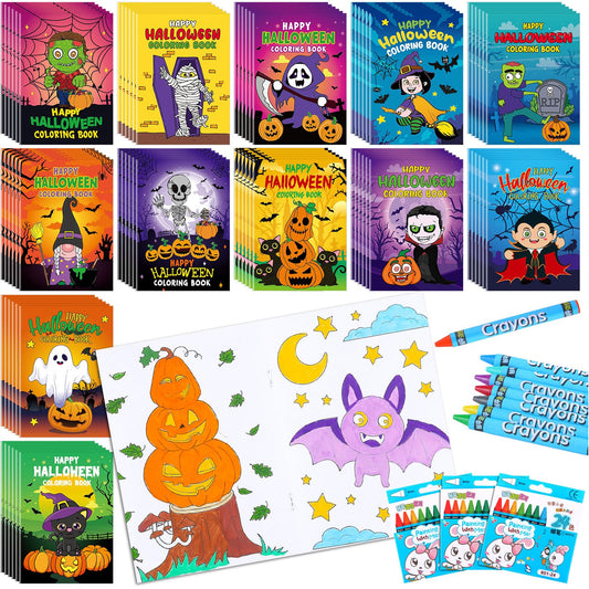 Fulmoon Halloween coloring book set with 72 crayons for party favors.