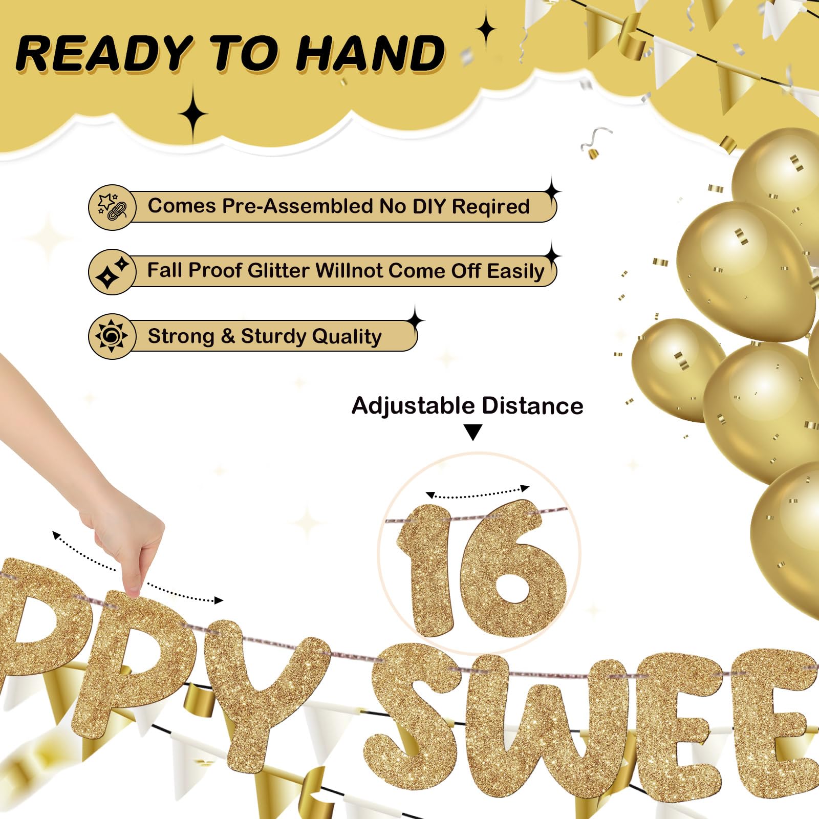 Fulmoon Happy Sweet 16 banner 13ft length shown in room layout for ambiance.