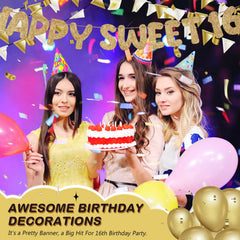 Fulmoon Happy Sweet 16 banner champagne gold tone adds elegant glam.