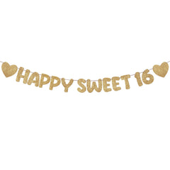 Fulmoon Happy Sweet 16 banner glitter close-up ideal for a sparkling photo backdrop.