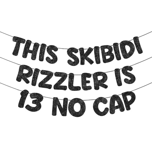 Fulmoon Skibidi Rizzler glitter banner adds festive sparkle to 13th birthdays.