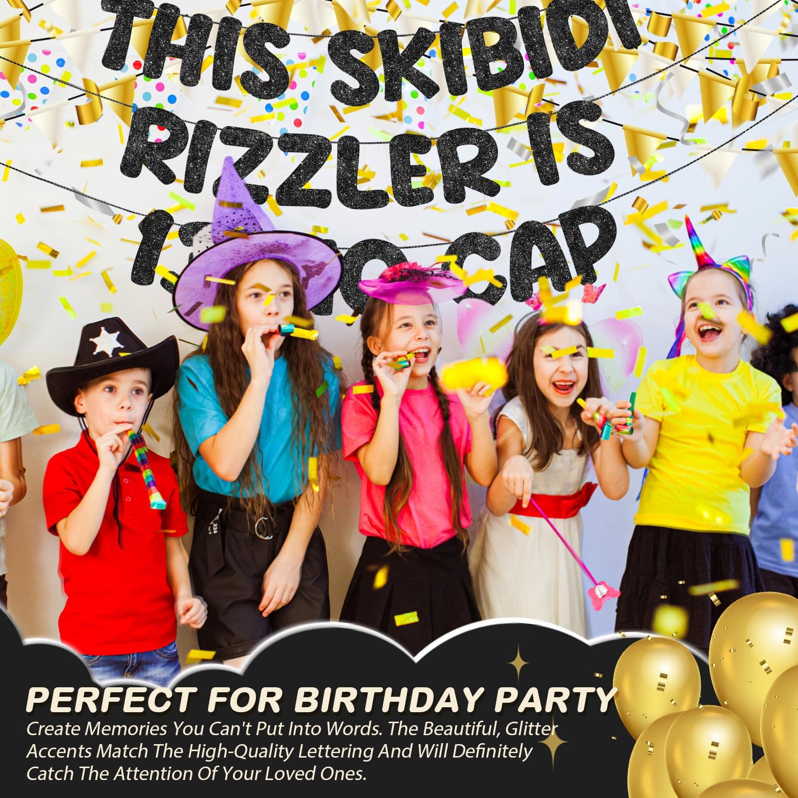 Fulmoon Skibidi Rizzler banner doubles as photo prop for celebrations.