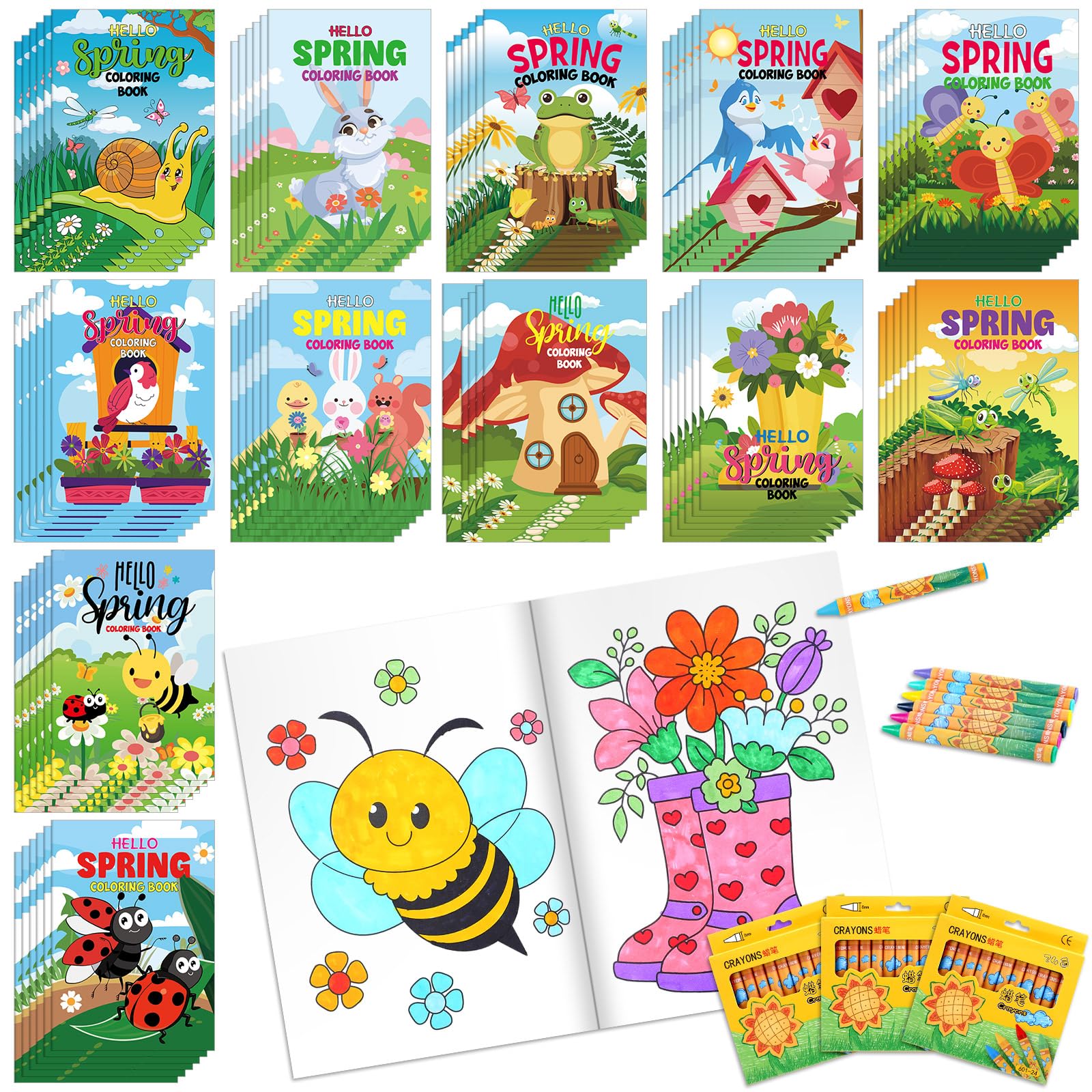 Fulmoon spring mini coloring books with crayons cover designs for quick party activities