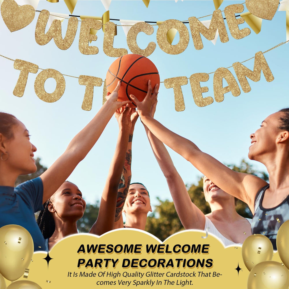 Fulmoon champagne gold welcome banner hanging as decor in workspace